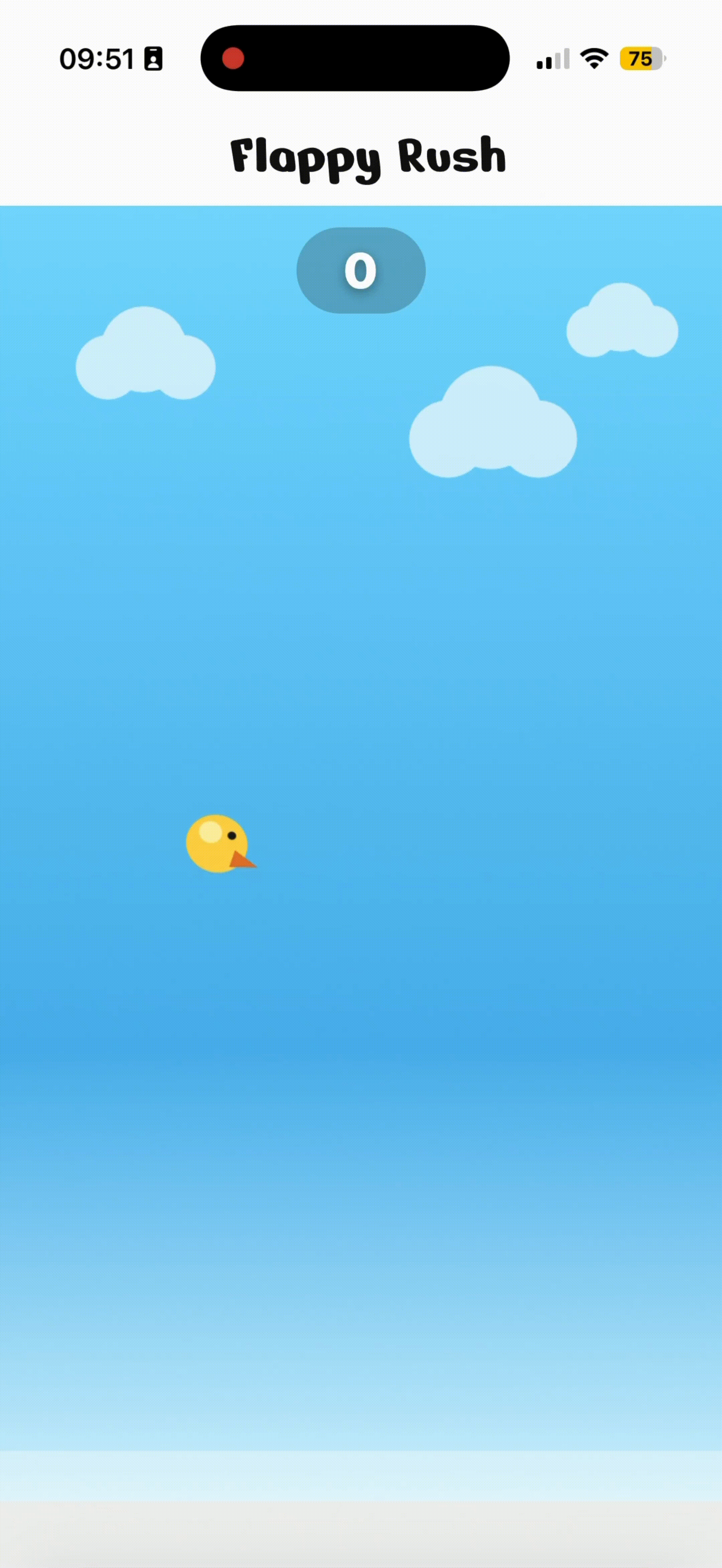 Flappy Rush gameplay: the yellow bird flying between green pipes