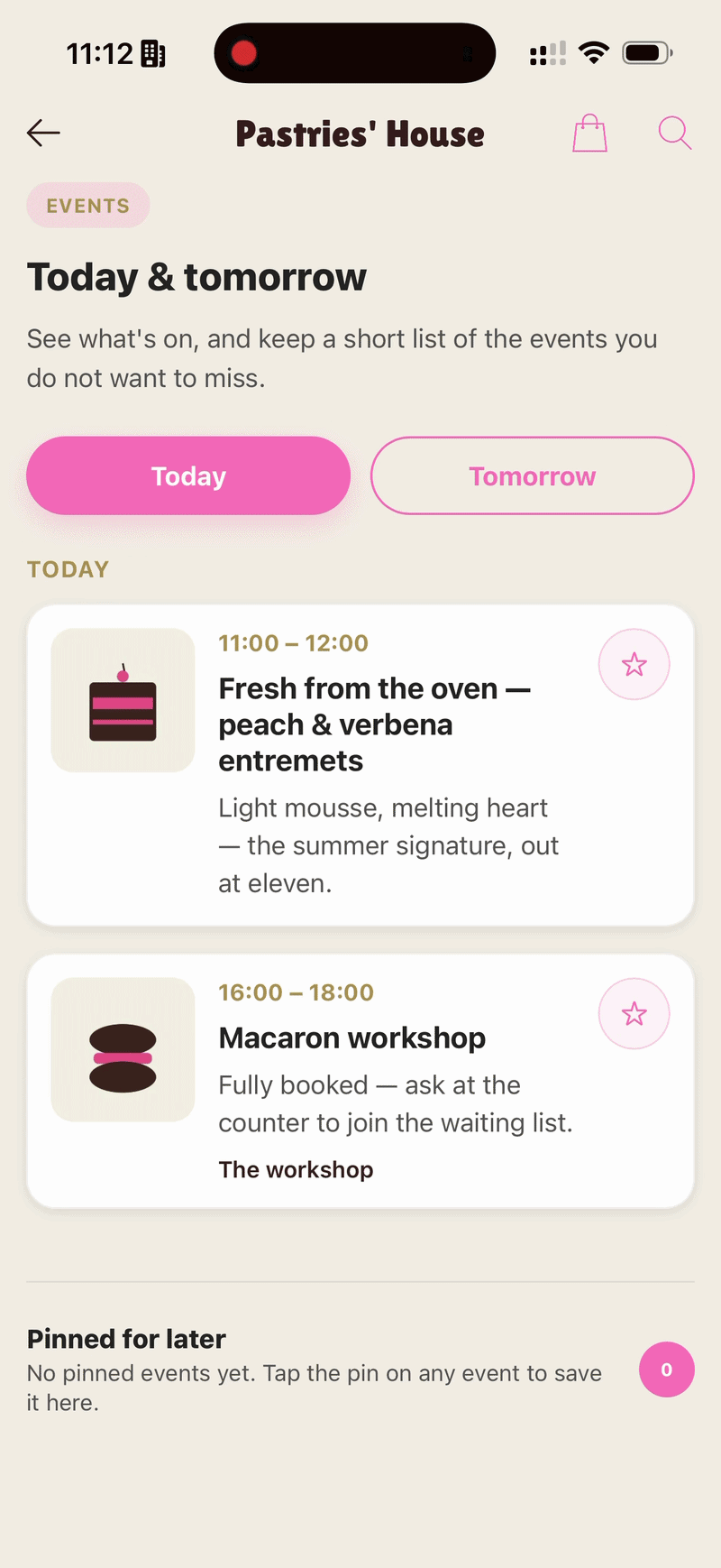 The generated section in the pastry shop app: switching between the two days, pinning an event, the shortlist filling up