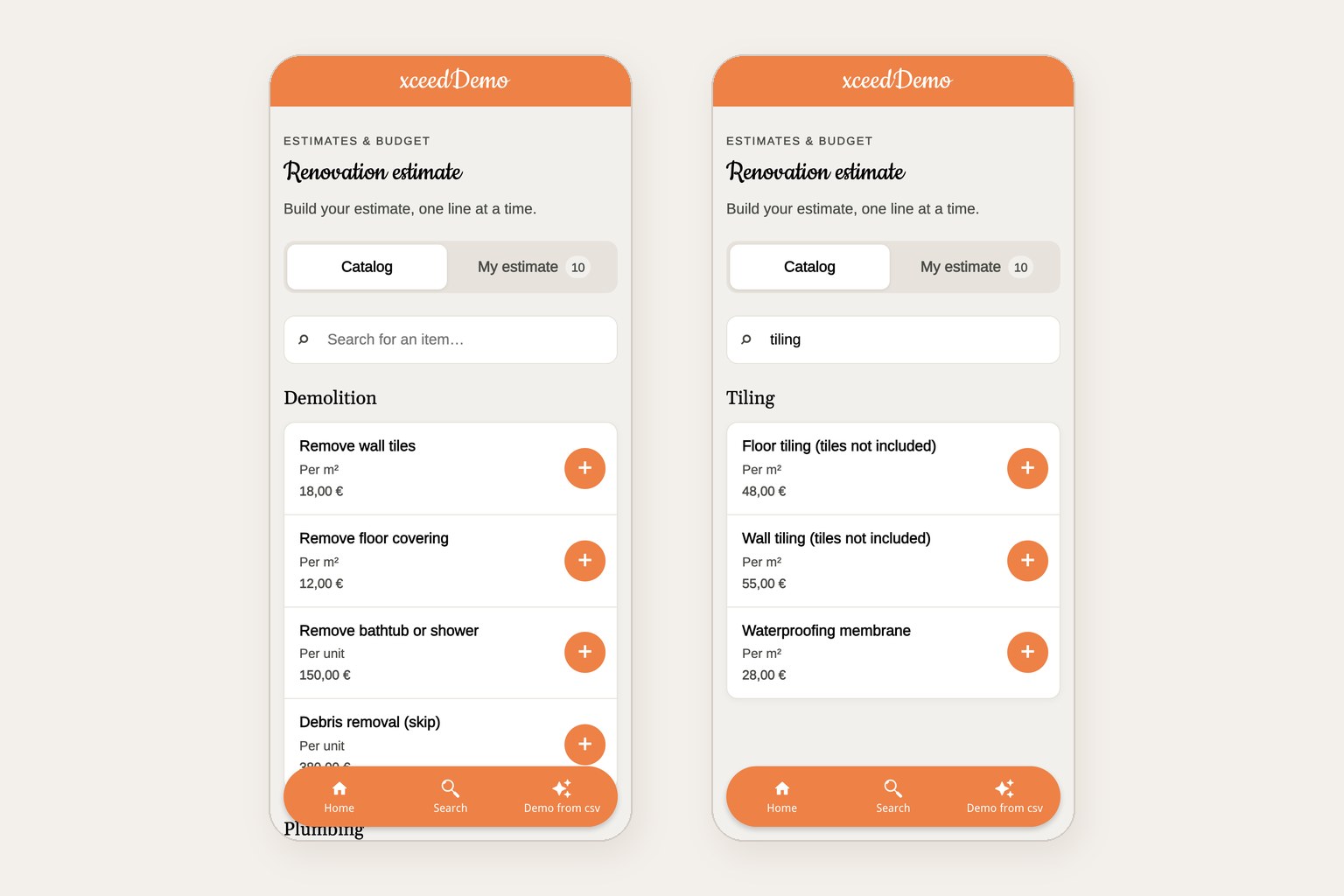 Due schermate di smartphone della sezione di preventivi per ristrutturazioni: il catalogo creato dal listino CSV di 30 righe, ordinato per categoria con un prezzo unitario per voce, e lo stesso catalogo filtrato con la parola tiling.