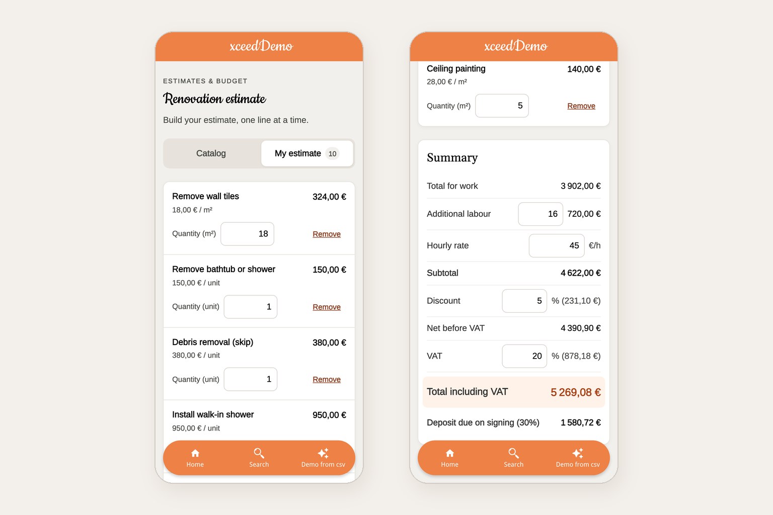 Due schermate di smartphone della sezione di preventivi per ristrutturazioni: le righe del preventivo con quantità e totali, e il riepilogo con 3.902,00 euro di lavori, 720,00 euro di manodopera, un subtotale di 4.622,00 euro, un totale IVA inclusa di 5.269,08 euro e un acconto di 1.580,72 euro, le stesse cifre del file Excel.