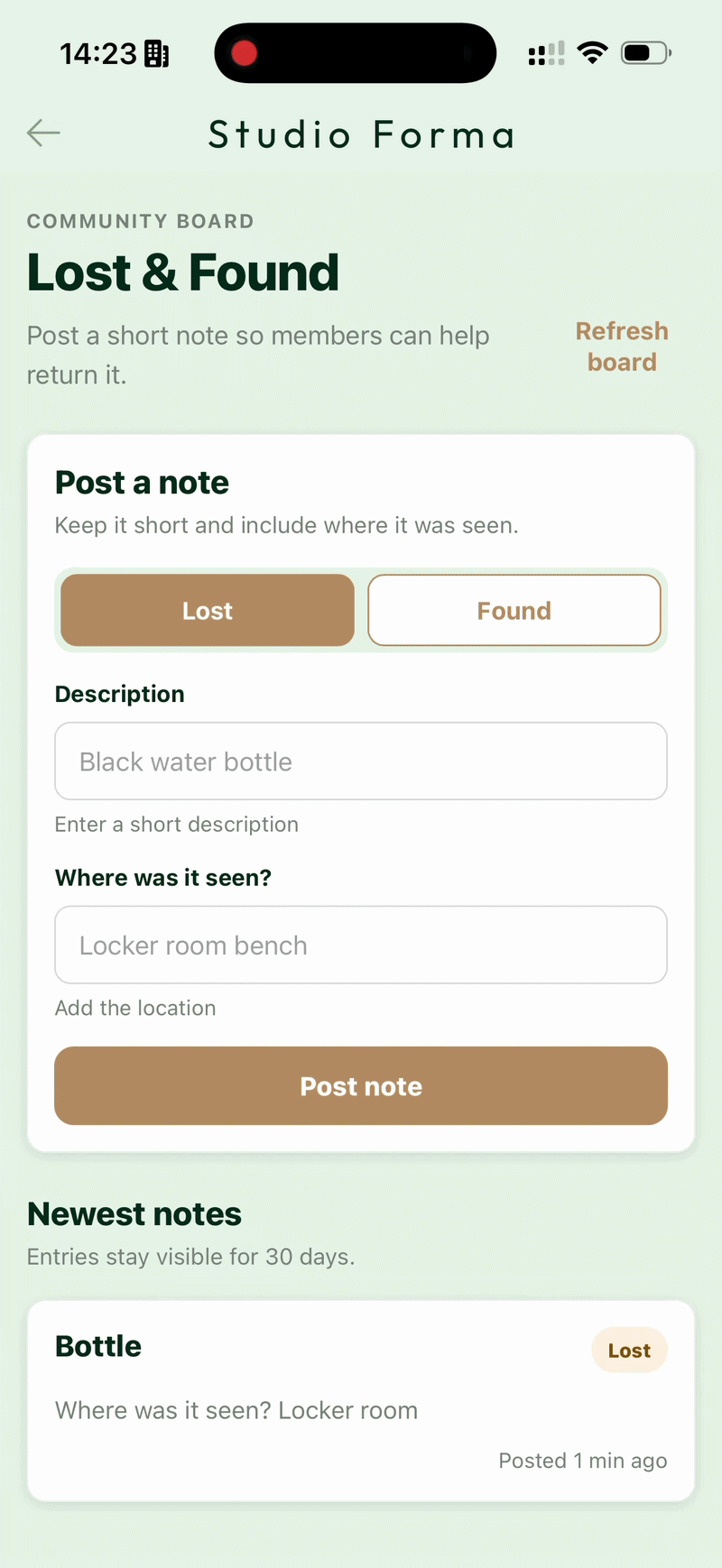 The generated Lost & Found section: a posted note joins the studio's shared board