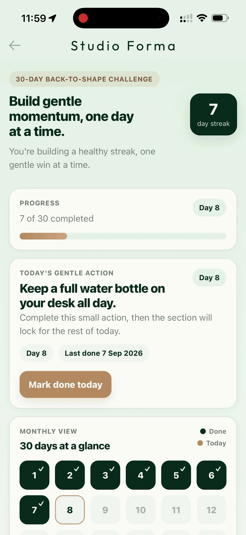 Checking off the day's action grows the streak and locks the day