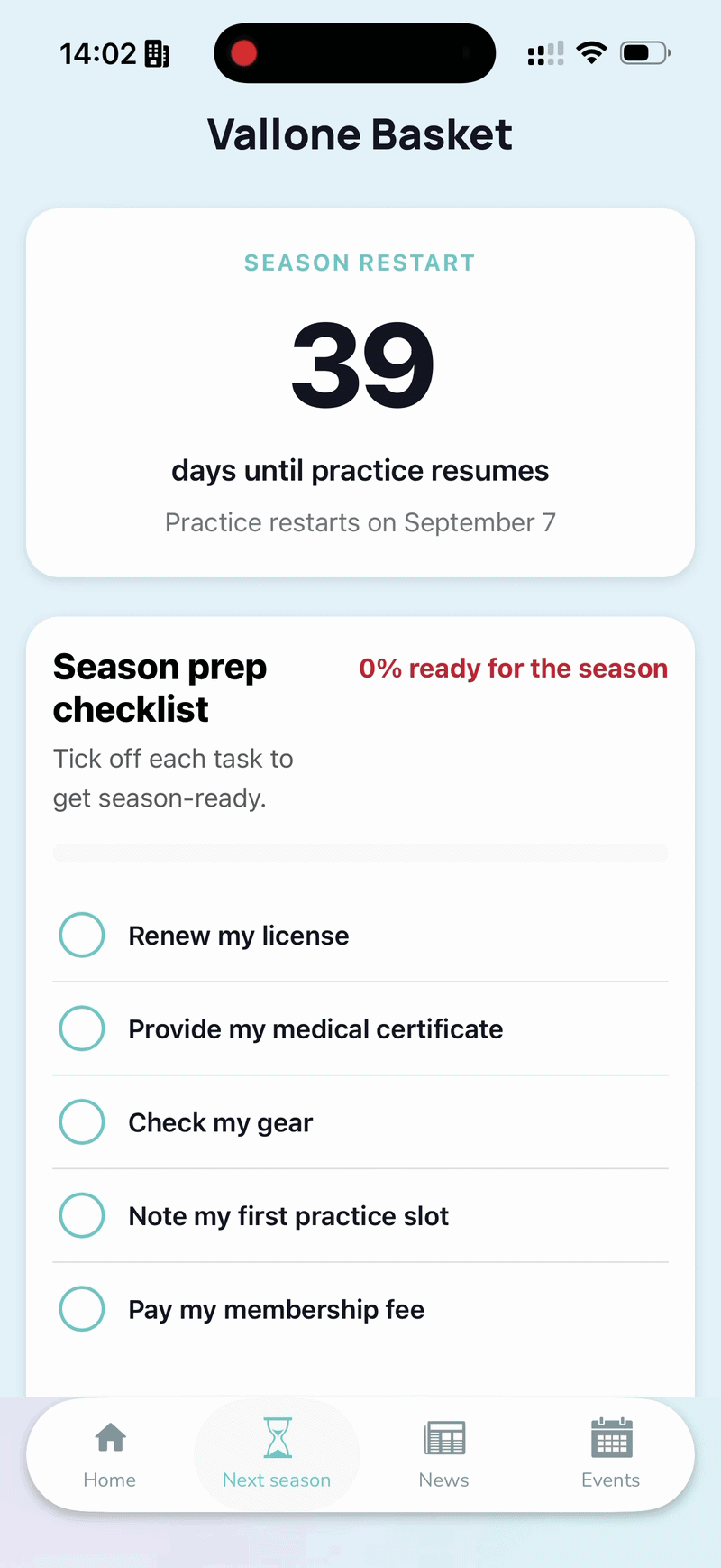 Checking an item off the checklist moves the progress bar